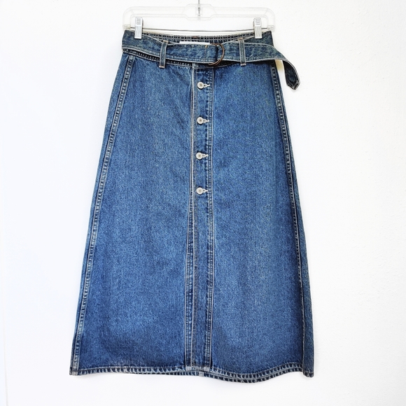 Tularosa Blue Denim Midi Jean Skirt w/ Belt Sz 26 - Picture 3 of 8